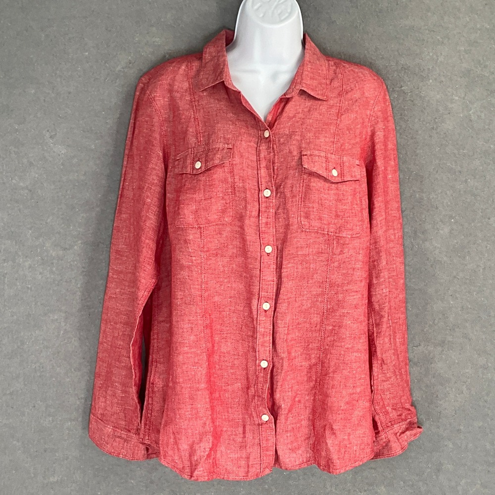 Eddie Bauer Women's Red Linen Blend Long Sleeve Button Front Shirt Size L